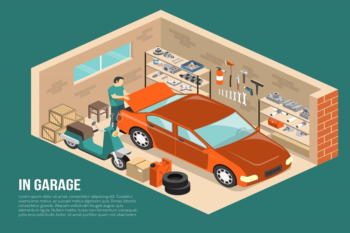 Garage inside on green background with man near car, shelves with tools and spares isometric vector illustration