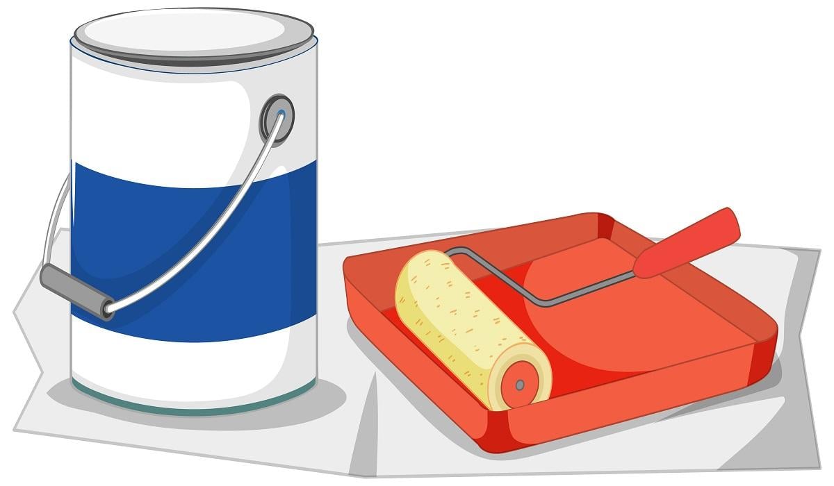 Paint roller with paint tray and color bucket for painting work illustration
