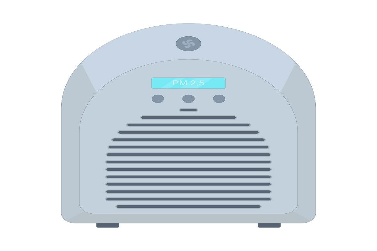 Air purifier. Filtration of viruses and dirty air. PM 2.5 filter. Vector illustration in flat style on an isolated white background.