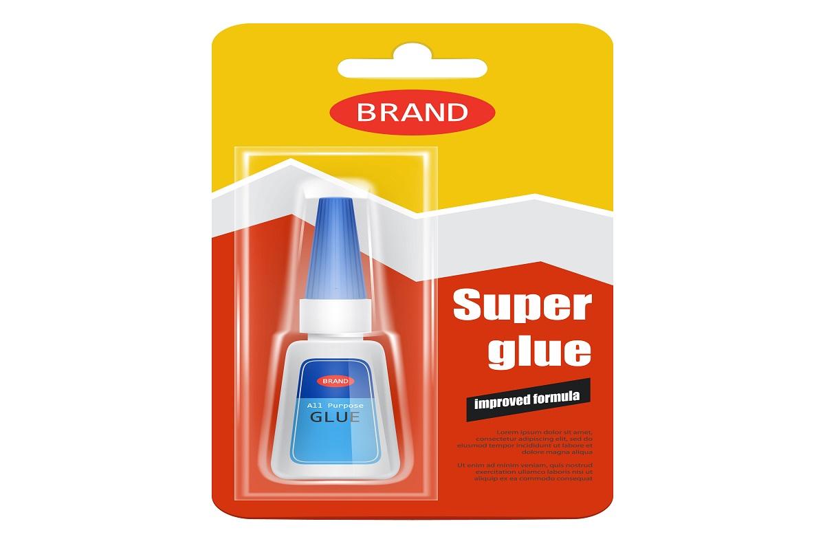 Colorful tube of super fix glue in cardboard and plastic packaging with brand information realistic vector isolated on white background. Original container and packaging of glue for instant gluing