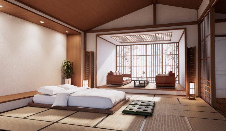 Modern Zen bed and decoartion plants in japanese bedroom. 3D rendering.