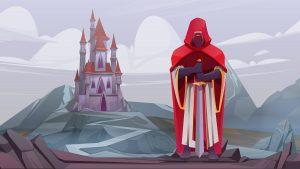 Knight standing with sword on background of medieval castle. Vector cartoon fairytale illustration of warrior or paladin in red cloak and stone mountain valley with royal palace on rock