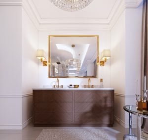 Modern wooden vanity with a mirror in a gold frame and sconces on the wall, a low table with decor and a rug with a chandelier. 3d rendering. Luxurious Design