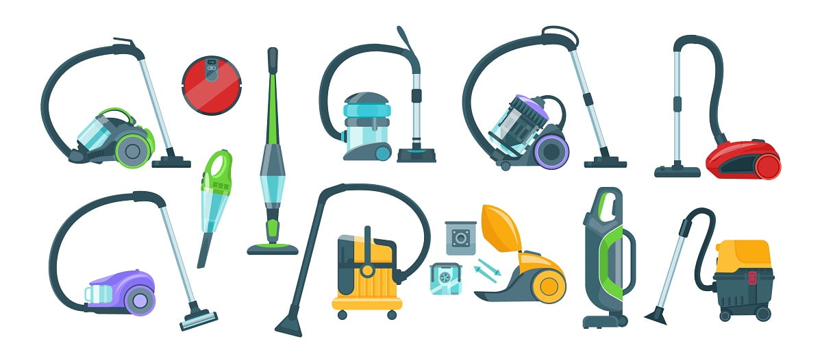 Vacuum cleaner equipment cartoon set. Washing robot cyclone and car vacuum cleaner. Professional cleaning equipment for home and business vector illustration