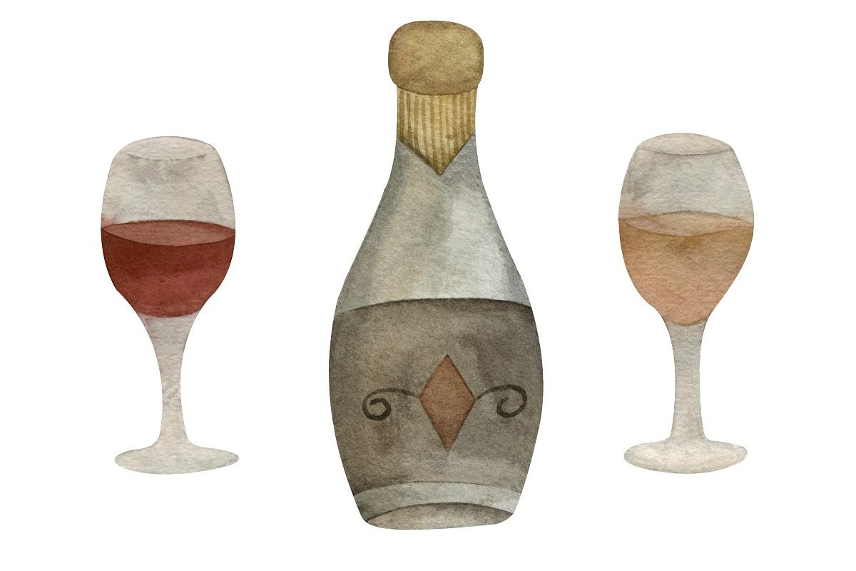 Watercolor set of bottle wine vintage style with glasses with red and white drinks . How To Paint Glass With Watercolor .