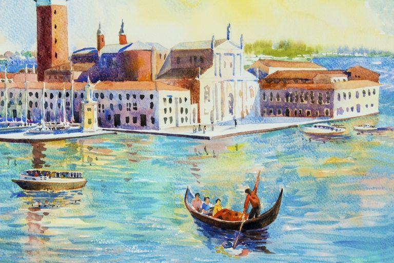 Beautiful sea view of traditional San Giorgio Maggiore island, Venice, Italy with historic view Italy, Watercolor landscape original painting multicolored on paper, illustration landmark of the world.