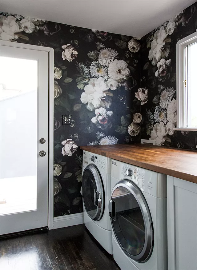 1. Laundry Room Floral wallpaper black and white