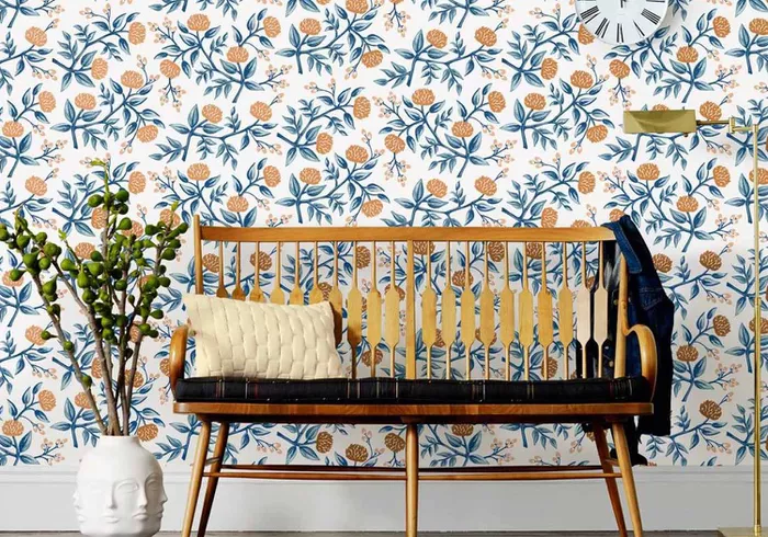 11. Whimsy orange and blue floral mid century modern chic wallpaper 