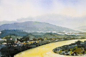 Watercolor landscape paintings top view colorful of Mekong River, mountain natural and forest with village, sky cloud background, landmark in Thailand. Painted impressionist, illustration image