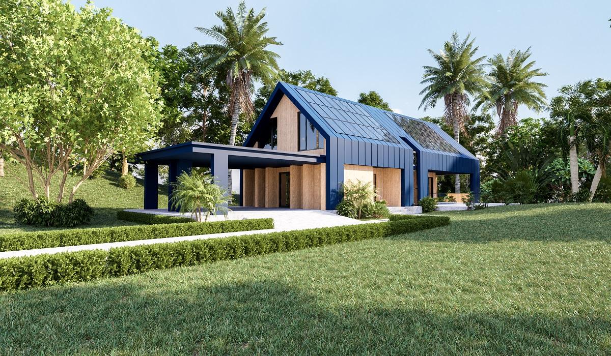 Solar panels on the roof of the modern house,Harvesting renewable energy with solar cell panels,Exterior design,3d rendering. Steel Framing Houses.