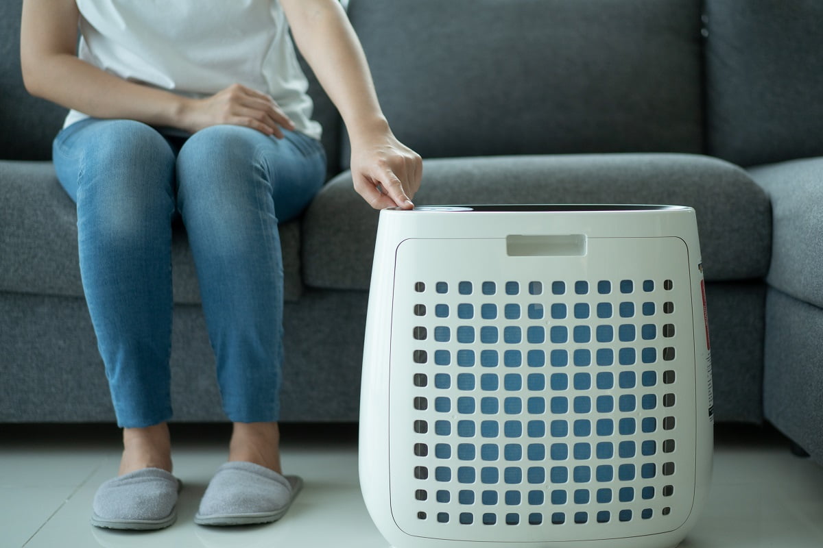 Asian woman turning on and using the modern air purifier while staying in the living room, air purifier is a popular appliance - household electricity. Air purifier can help to purify the air. What Temperature Should I Set My Dehumidifier In Bedroom Conclusion.