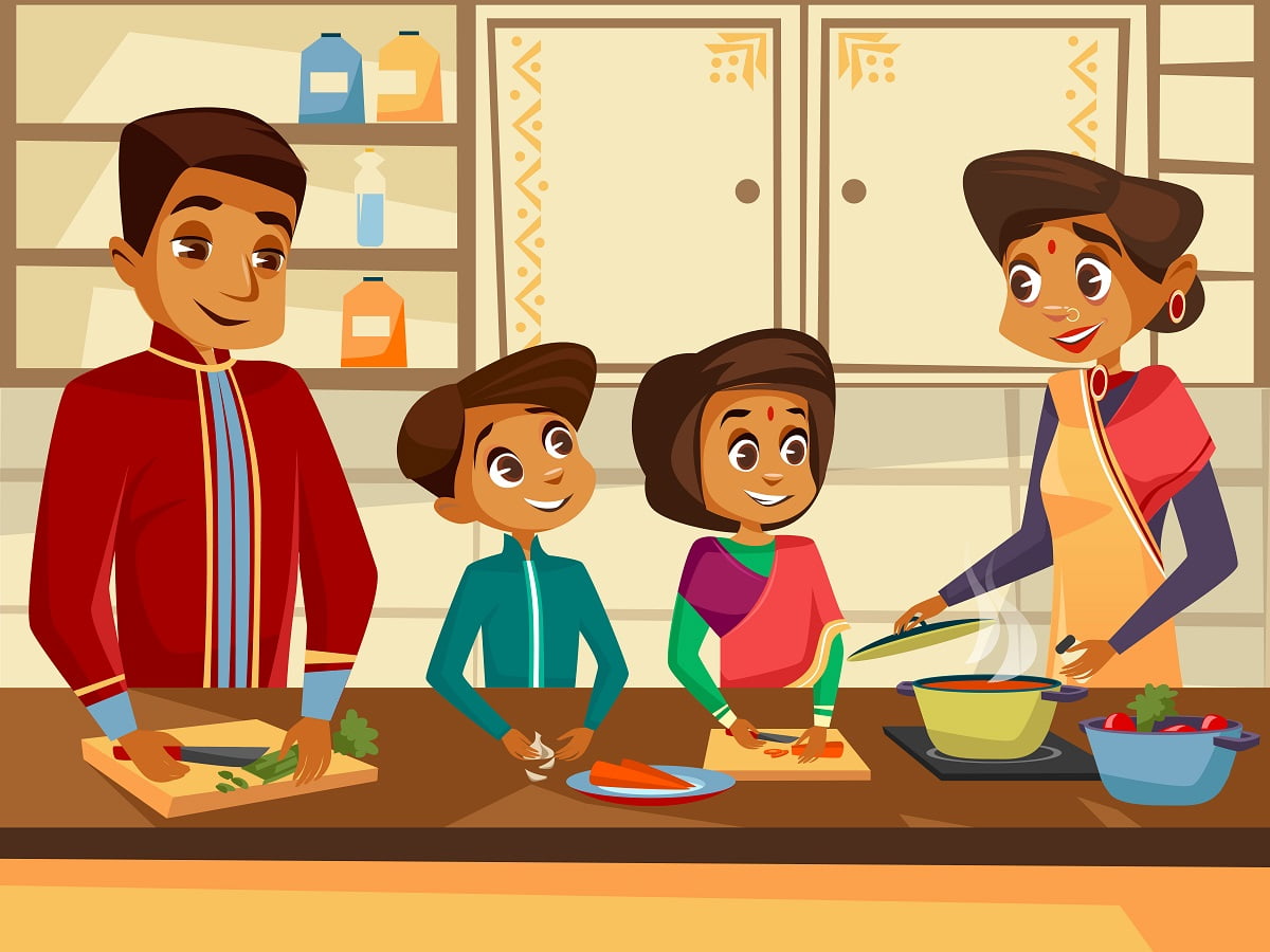 Vector cartoon Indian family characters cooking at kitchen together concept. Happy hindu man, woman parent father mother boy girl children preparing vegetables meal. Kitchen interior background. 2D Animation.
