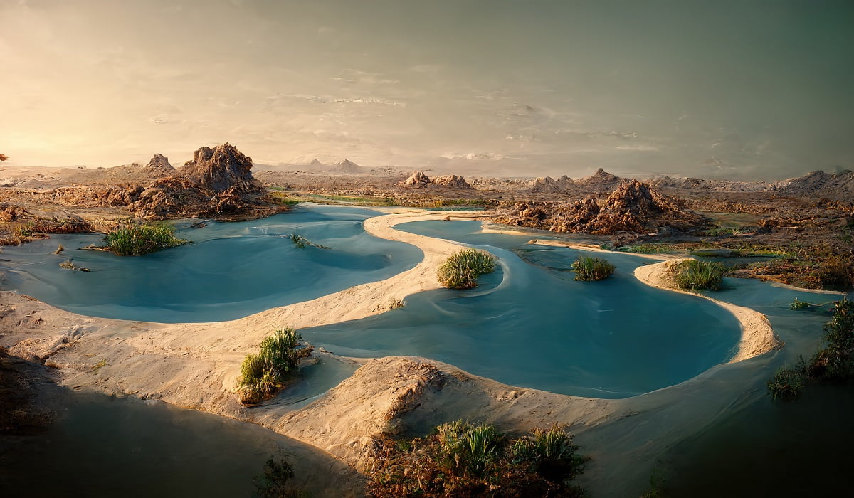Raster illustration of oasis in the desert. Crystal clear water, blue shadows on the sand, mountains in the background, stones, rocks, green grass. Nature concept. 3D artwork background for business. Raster Painting.
