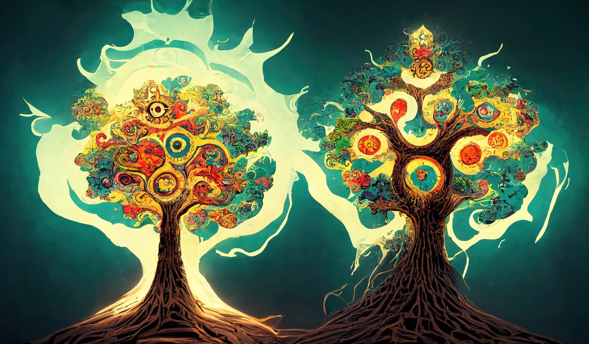 Beautiful illustration of magic tree of life, sacred symbol. Personal individuality, prosperity and growth concept. Retro vintage style digital art. 3D illustration. Integrated Art.