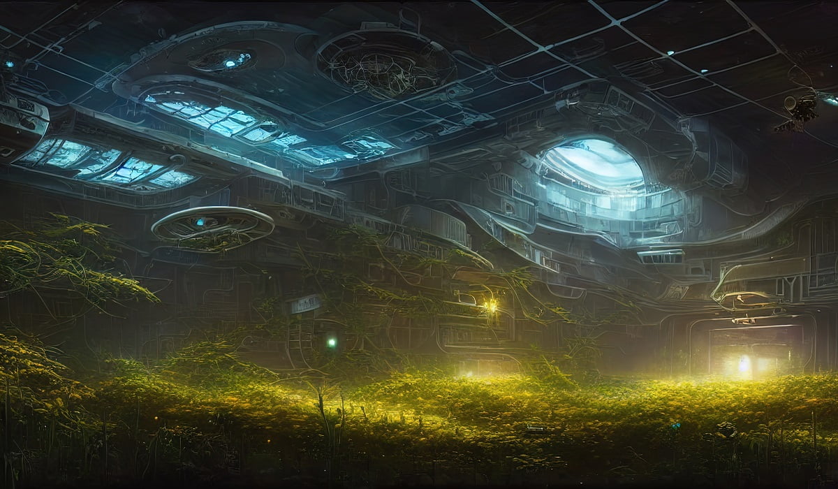 Abandoned space station overgrown with vegetation, plants and grass, empty room. Light from windows and portholes illuminates hall of space station. Something strange is happening. 3d illustration. Photobashing.