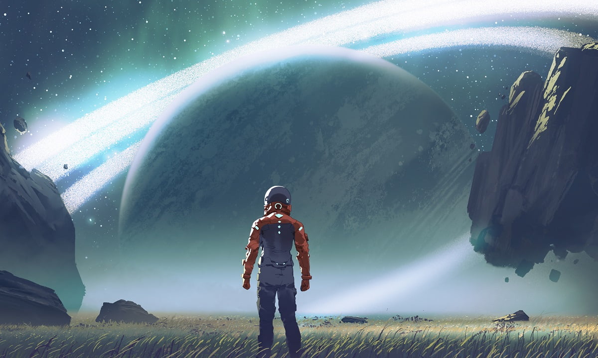 Sci-fi scene showing futuristic man standing in a field looking at the planet with giant rings, digital art style, illustration painting. Computer-Generated Digital Painting.