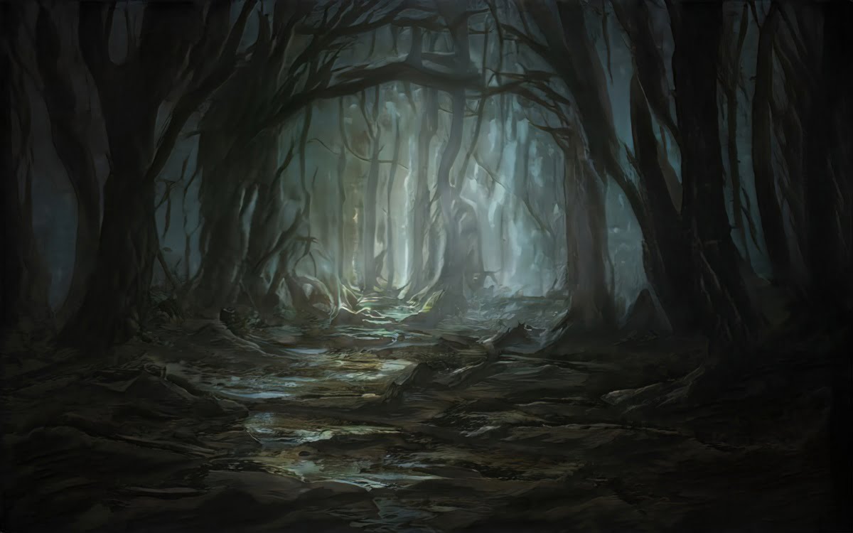 Beautiful magical forest fabulous trees. Forest landscape, sun rays illuminate the leaves and branches of trees. Magical summer forest. Illustration. Matte Painting.