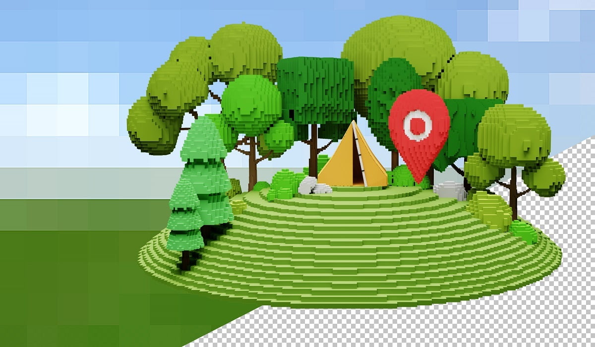 Tent camping in forest with map pin PSD smart objects on pixelated background. 3d rendering image of low poly voxel 3d models. Voxel Art.
