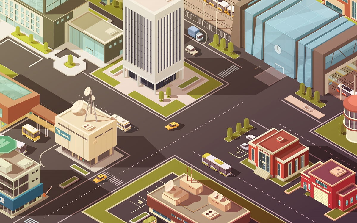 Government buildings city streets roads and traffic isometric vector illustration. Isometric Art.
