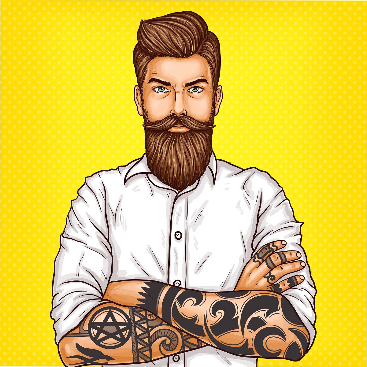 Vector pop art illustration of a brutal bearded man, macho with tatoo folded his arms over his chest. Vector Painting.