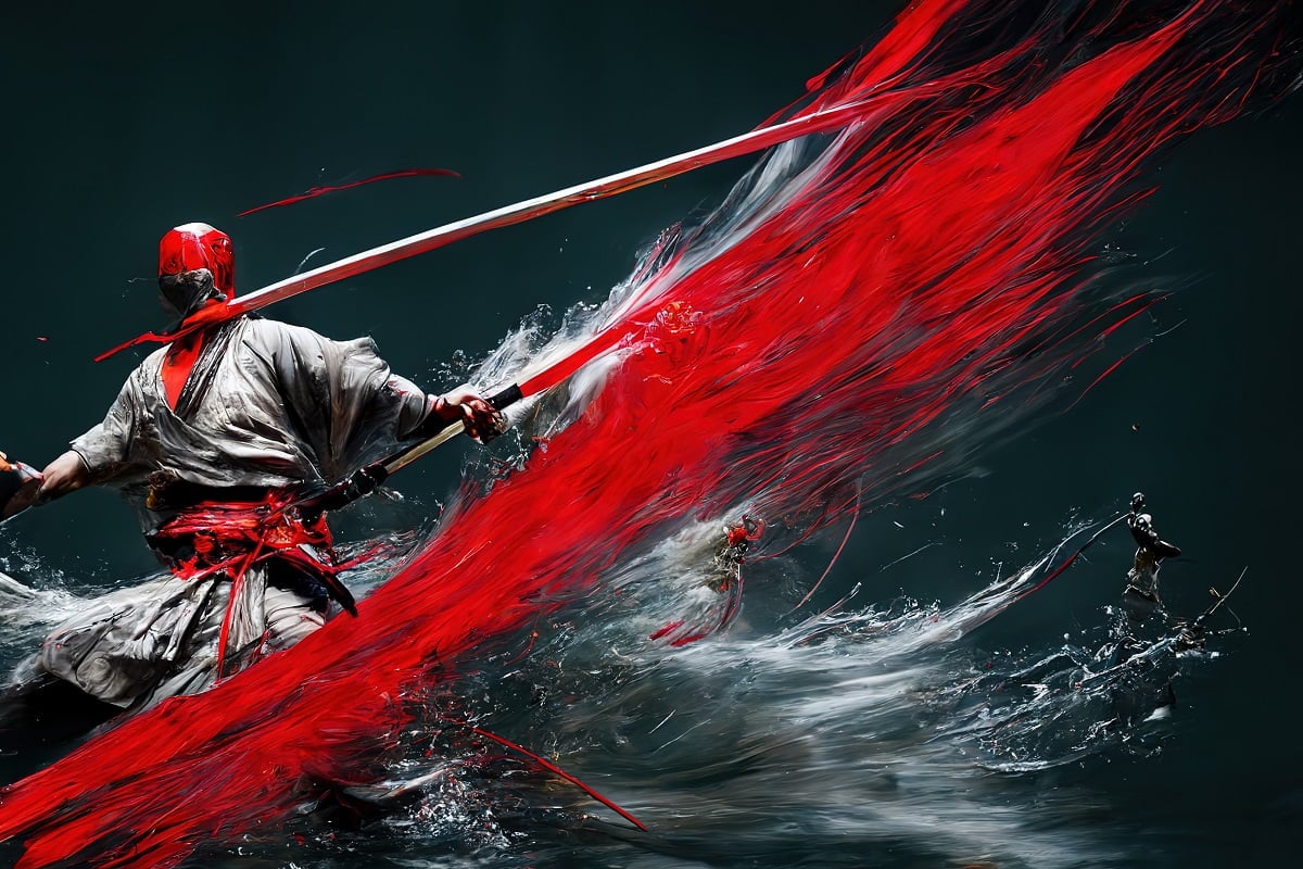 Raster illustration of samurai fights with swords. A samurai covered in blood in a gray coat brandishes a sword, war, battles, martial arts, splashes of water and blood. 3d artwork. Types Of Digital Art.