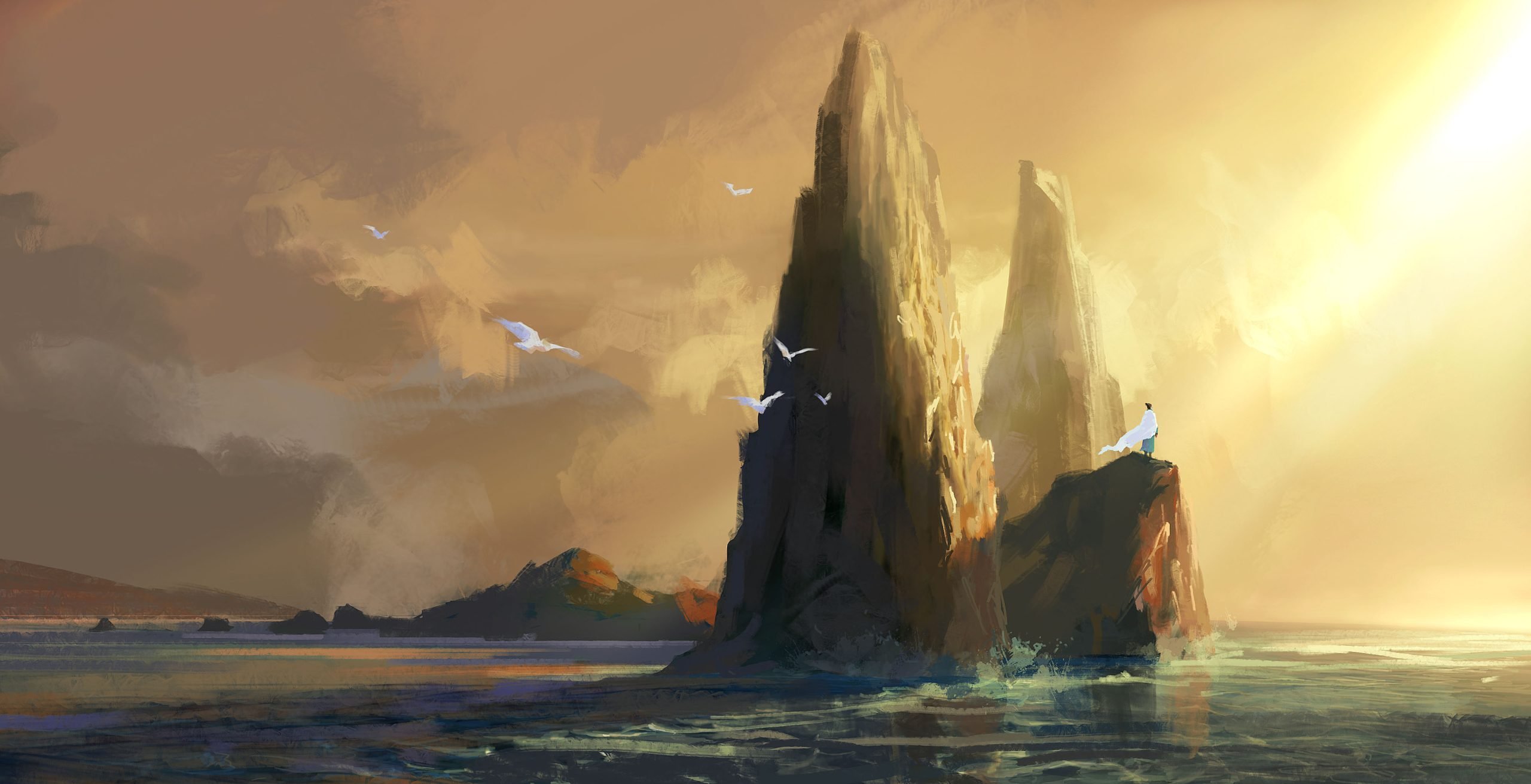 People in white clothes stand on the rock by the sea at dusk, looking into the distance, digital painting. Different Types Of Digital Art.