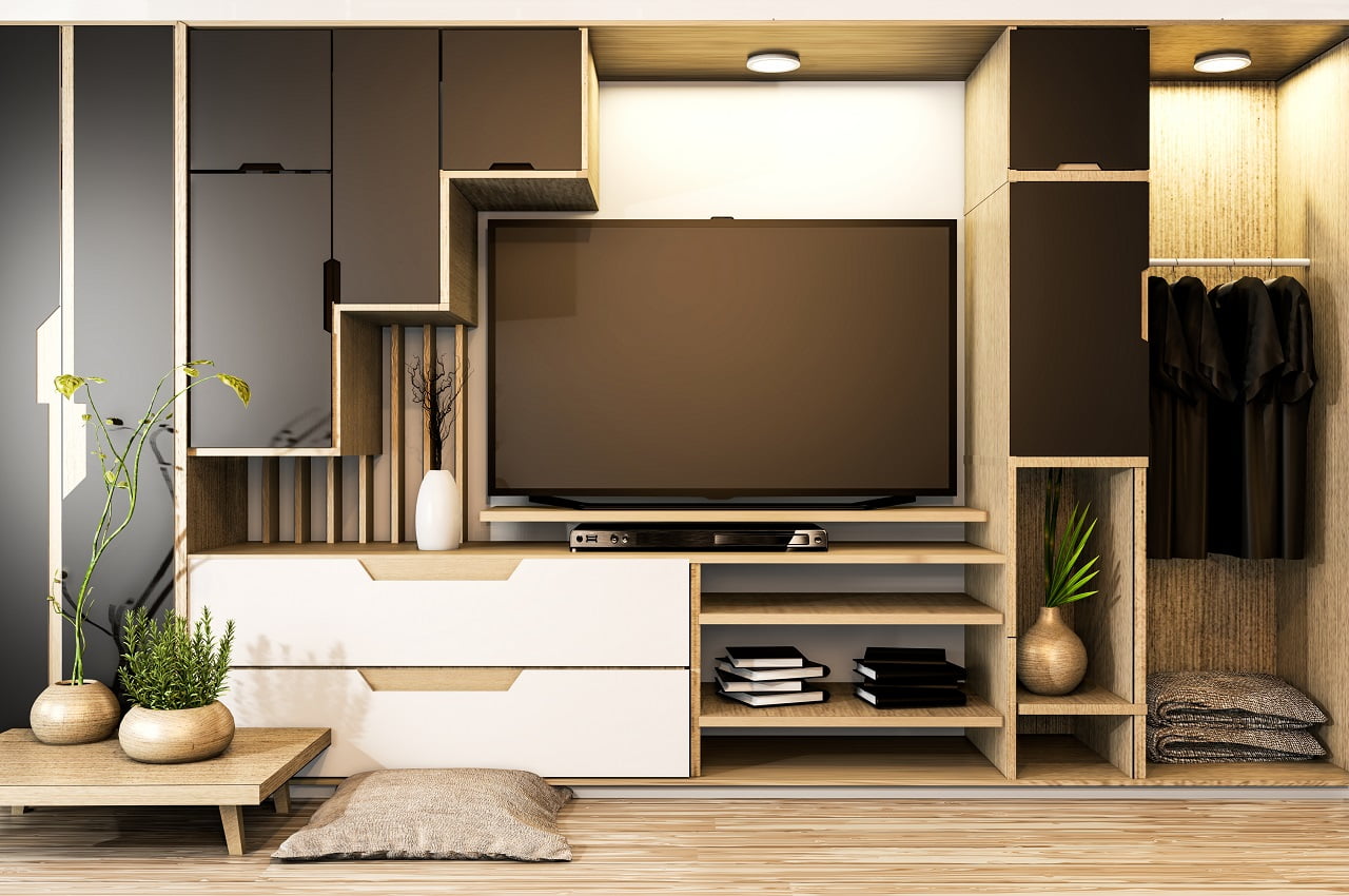 Black and white Cabinet tv mix wardrobe shelf wooden japanese style and decoration plants on shelf. Add A Bold Media Unit.
