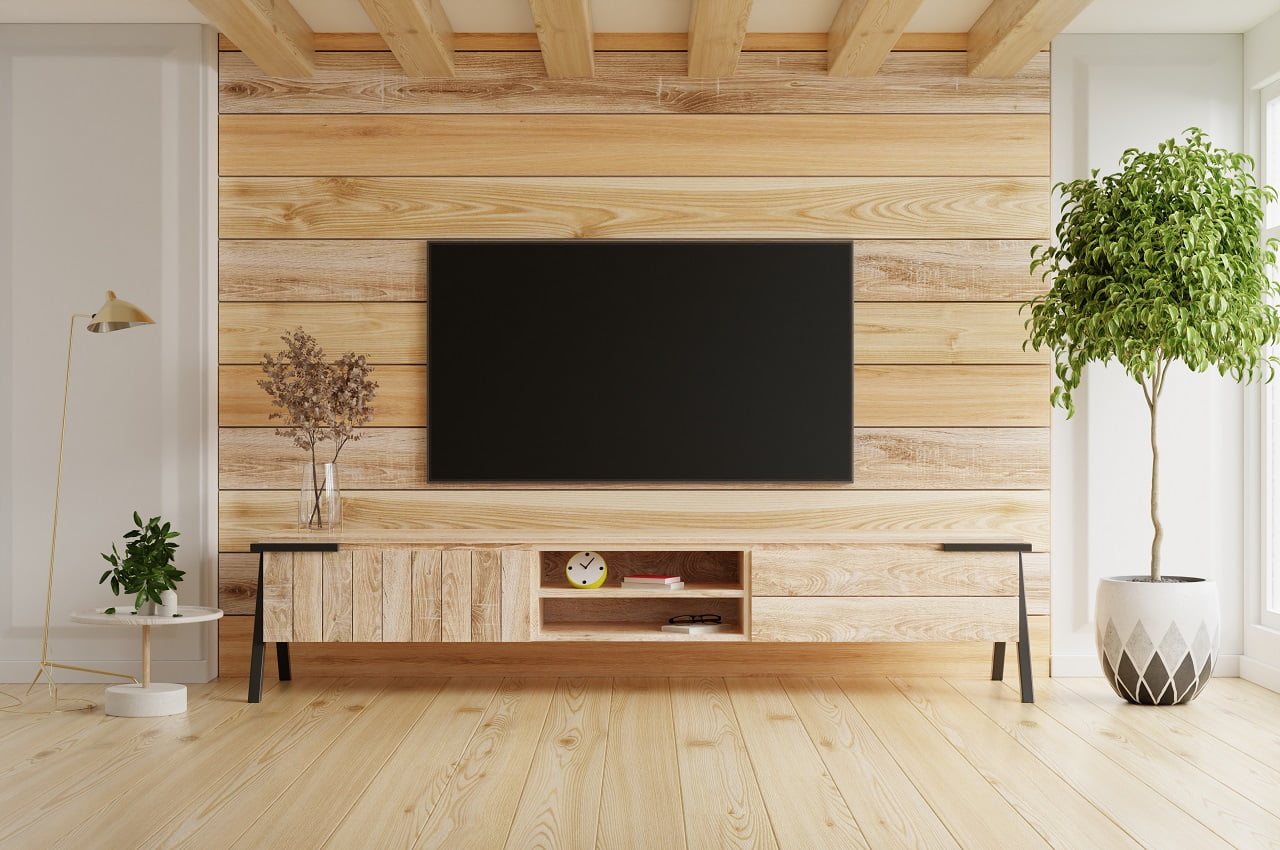 TV LED on the cabinet in modern living room on wooden wall background, TV Mounting Ideas Conclusion.