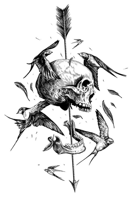 Birds, Arrow, and Skull Tattoo Drawings