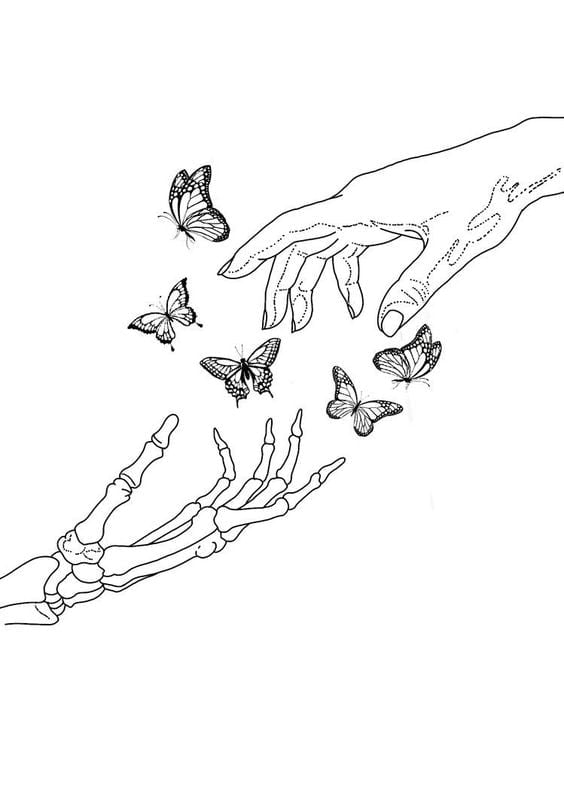 Hand, Skeleton, Butterflies Tattoo Drawing Ideas