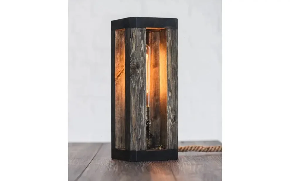 Industrial Natural Wood Table Lamp