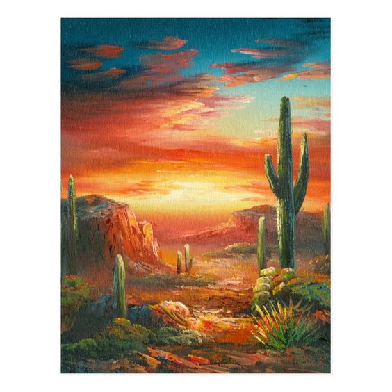 Desert Sunset Paintings with Cactus
