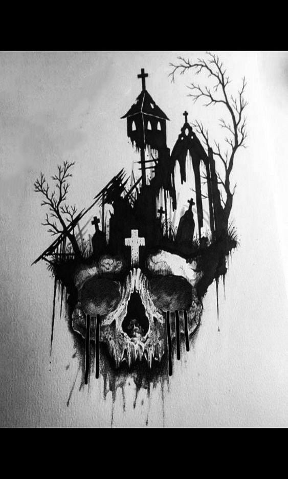 Ruined Church Skull Tattoo Drawing