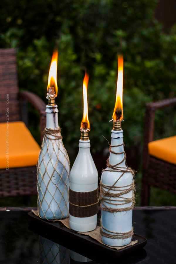 Repurposed Wine Bottles as Tiki Torches