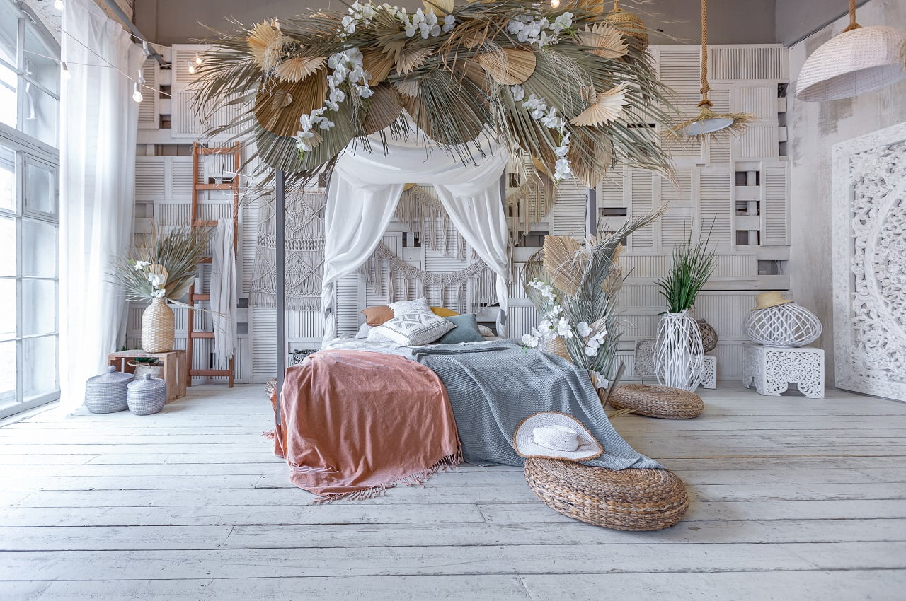 Balinese style bedroom interior. canopy bed with lots of textiles for decoration and wicker items in soft pastel colors. Fairy Tale Bedroom Decor Conclusion.