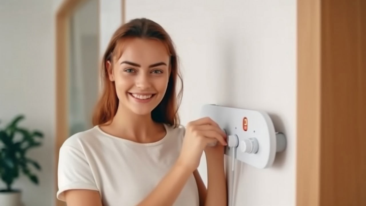 A woman with a smile stands next to a wall-mounted gadget that adjusts the temperature in the living room to a pleasant level using a thermostat and a home heating system. Solutions.