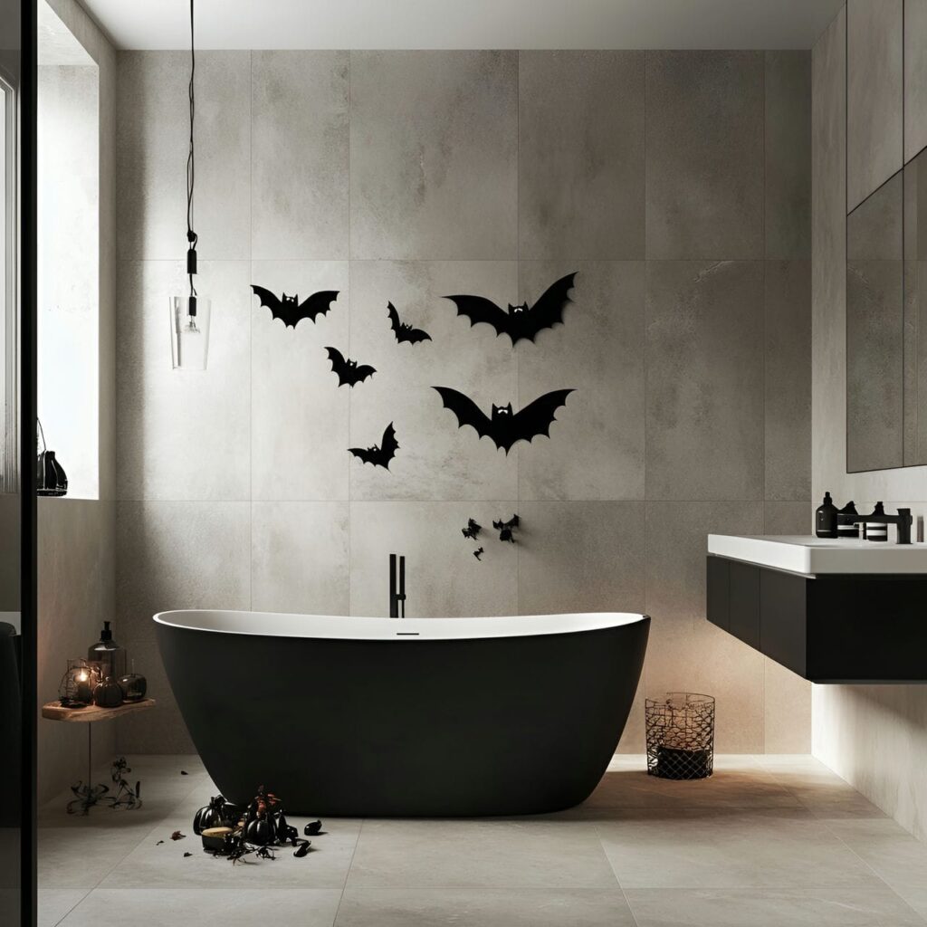 07. Bat Decals on Bathroom Tiles with Simple Spooky Look