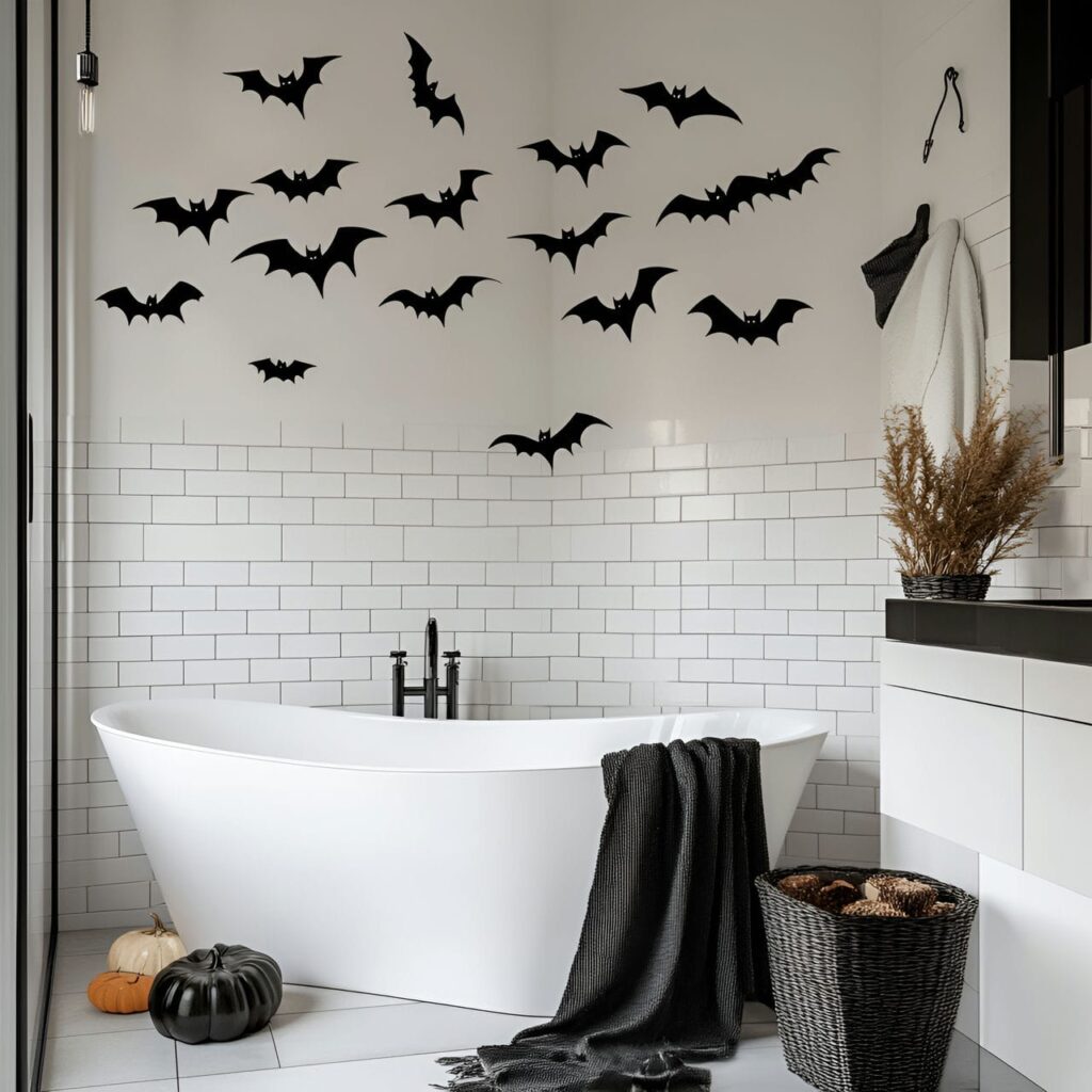 07. Bat Decals on Bathroom Tiles with Simple Spooky Look