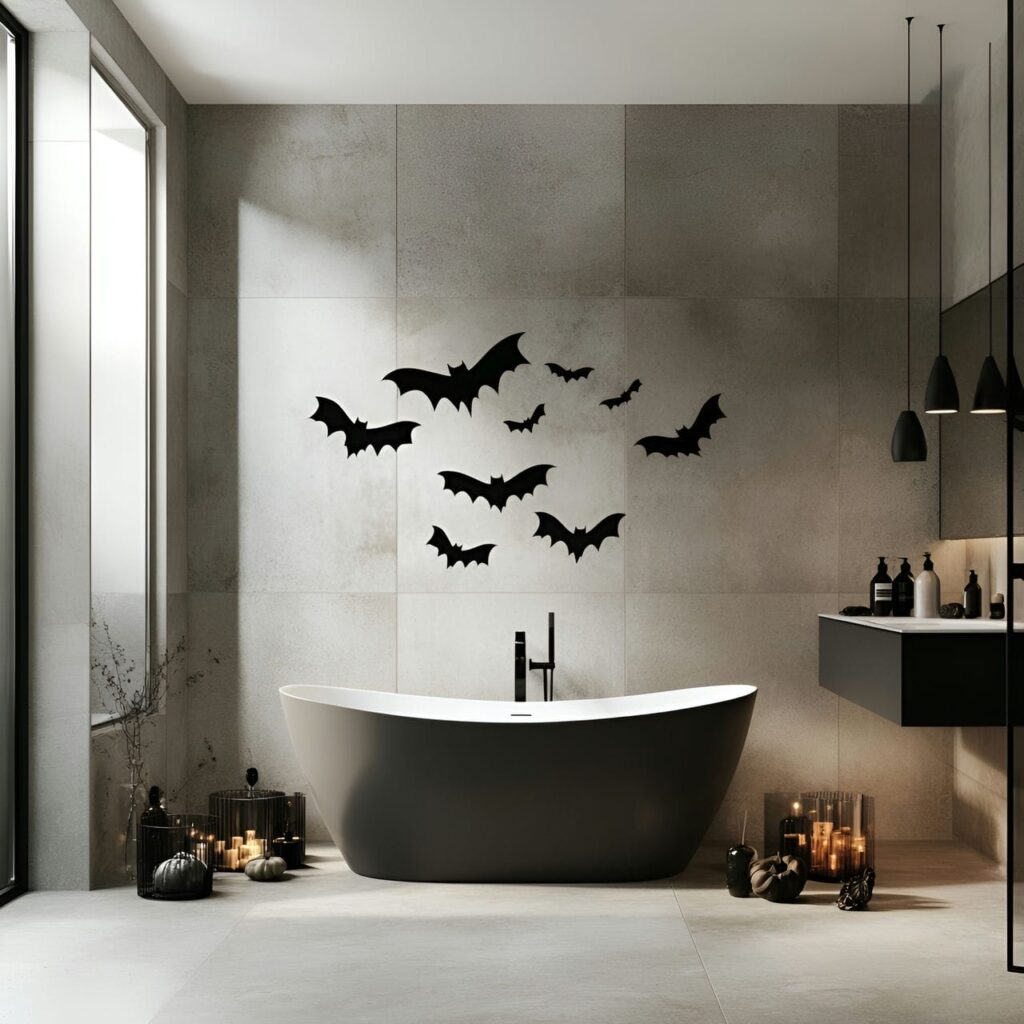 07. Bat Decals on Bathroom Tiles with Simple Spooky Look