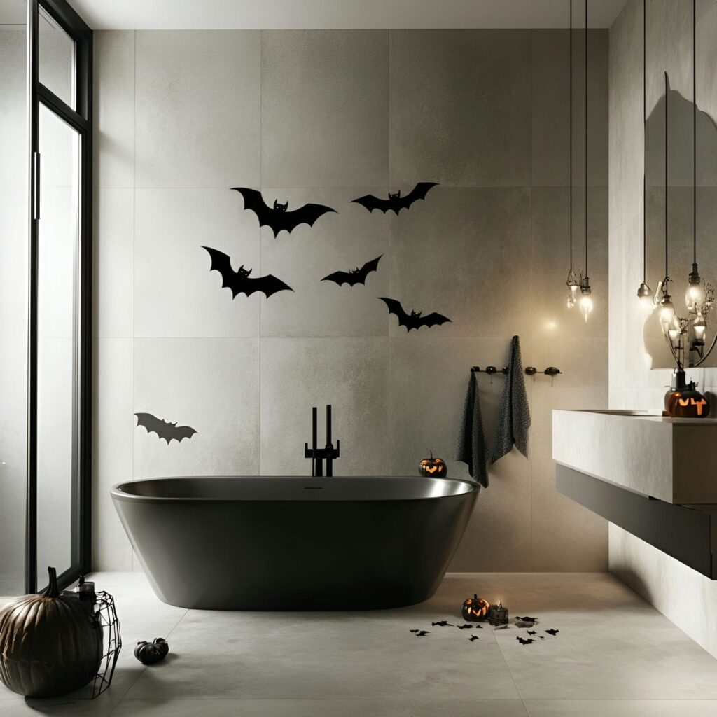 07. Bat Decals on Bathroom Tiles with Simple Spooky Look