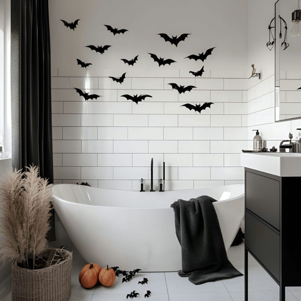 07. Bat Decals on Bathroom Tiles with Simple Spooky Look