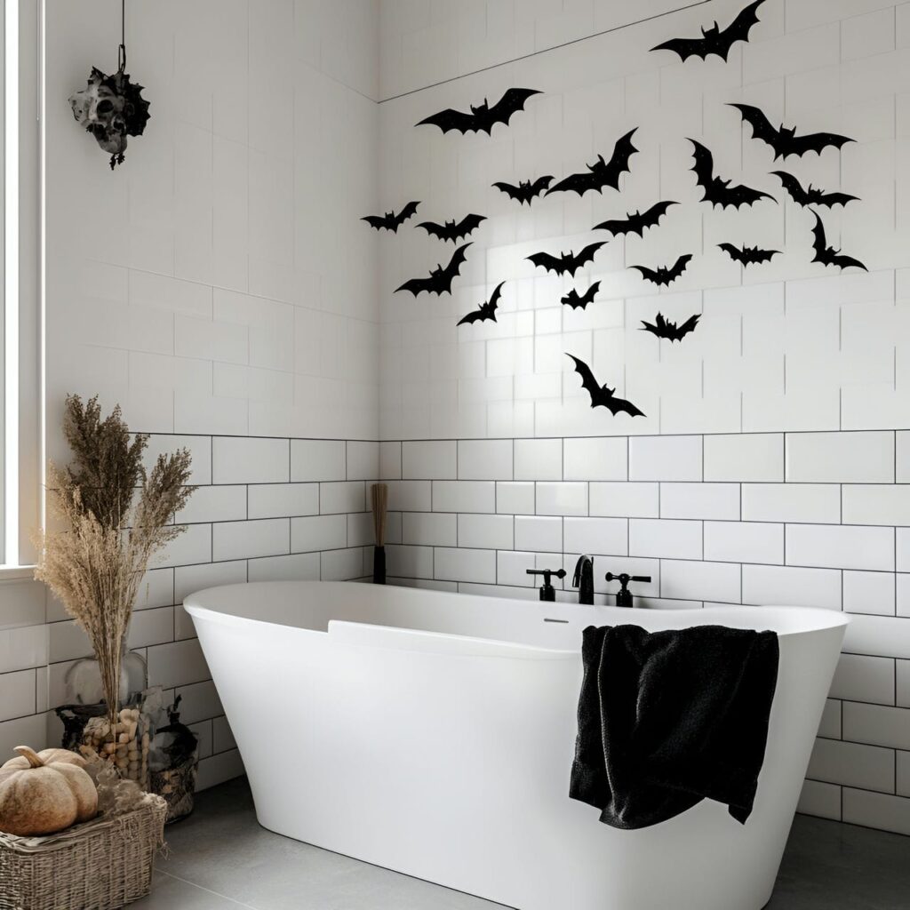 07. Bat Decals on Bathroom Tiles with Simple Spooky Look