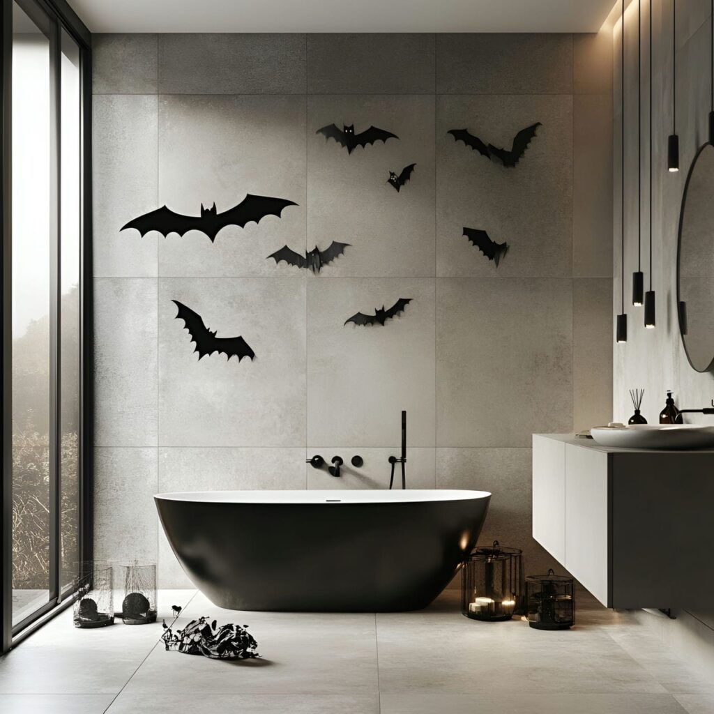 07. Bat Decals on Bathroom Tiles with Simple Spooky Look