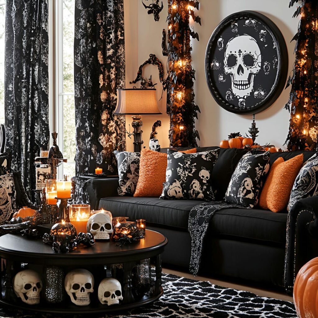 10. Black & Orange Skull Retreat with DIY Skull Decor