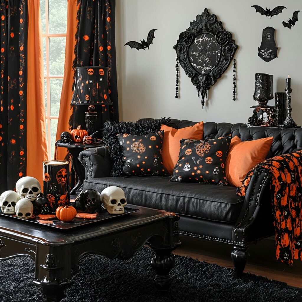 10. Black & Orange Skull Retreat with DIY Skull Decor