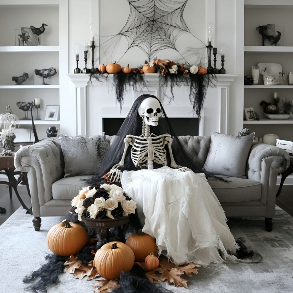 06. Bridal Skeleton Halloween Living Room with Minimalist Decor