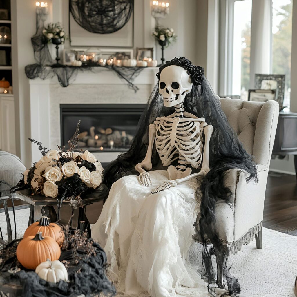 06. Bridal Skeleton Halloween Living Room with Minimalist Decor