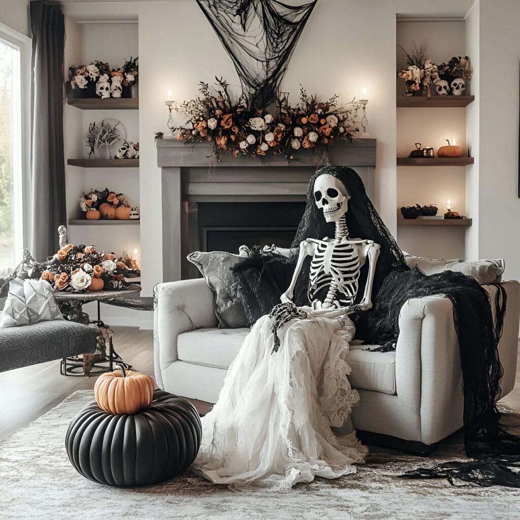 06. Bridal Skeleton Halloween Living Room with Minimalist Decor