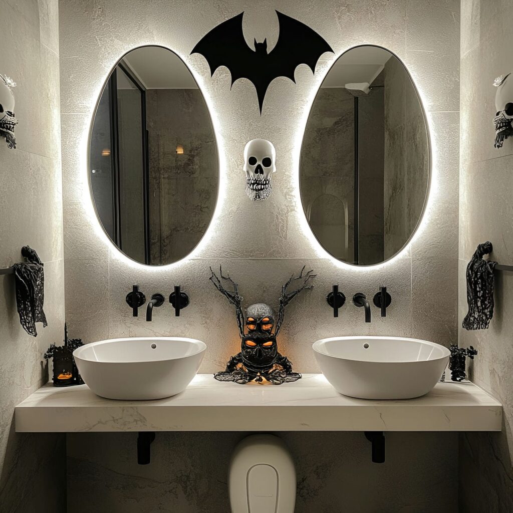 01. Chic and Modern Halloween Bathroom Décor with a Sleek Bat Clock