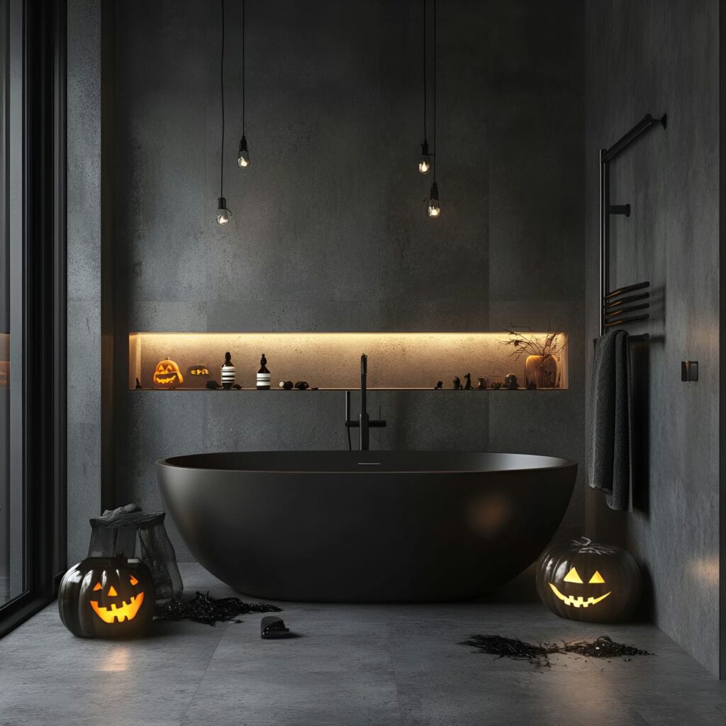 01. Chic and Modern Halloween Bathroom Décor with a Sleek Bat Clock